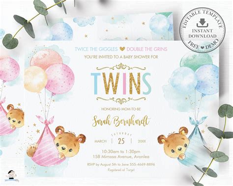 Cute Baby Bears Baby Shower Invitation Twins Baby Boy and Girl - Edita ...