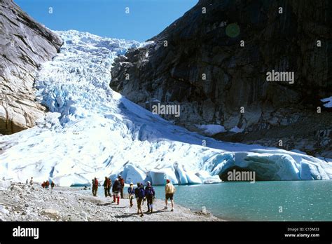 Tourists in front of the Jostedalsbreen, Jostedal Glacier, Norway, Scandinavia, Europe Stock ...