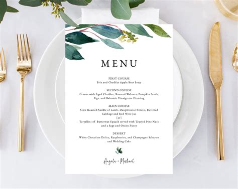 Greenery Wedding Menu Template, Printable Wedding Dinner Menu, DIY Gre | paperandthings