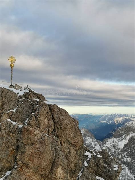 Summit Cross of the Zugspitze with View on the Alps on a Cloudy Day Stock Photo - Image of snow ...