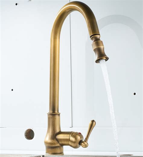 Antique Vintage Look Brushed Brass Kitchen Faucet with Pull Out and 360 Degree Swivel ...