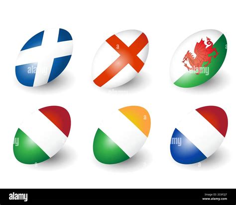 Six rugby balls representing the nations of England, Scotland, Wales ...