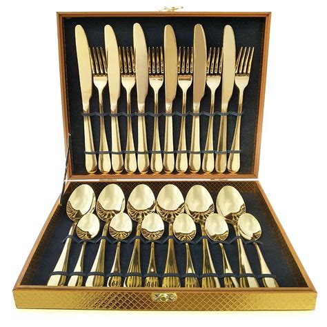 24pcs KuBac Hommi Luxury Golden Stainless Steel Steak Knife Fork Set Gold Cutlery Set With ...