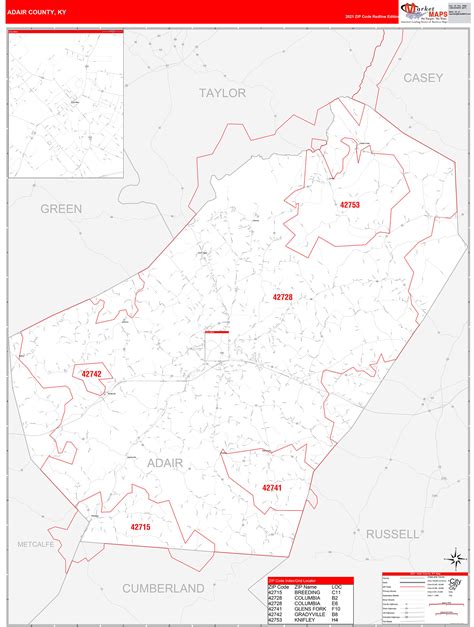 Adair County, KY Zip Code Wall Map Red Line Style by MarketMAPS - MapSales