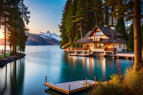 Premium Photo | A cabin on a lake with a view of mountains and a lake.