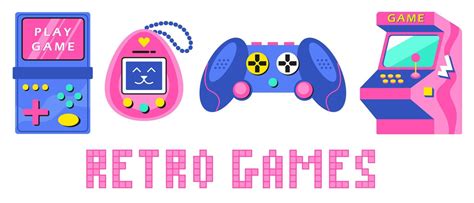 A set of retro games of the 90s, 80s. Old electronic games tamagotchi, joystick, console, arcade ...