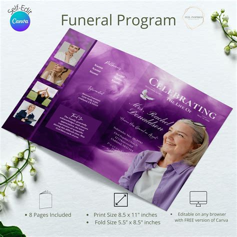 8 Page Purple Funeral Program. Canva Template Size 8.5x11. Celebration of Life - Etsy | Funeral ...