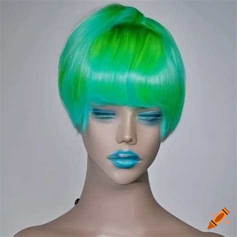 Neon blue green ponytail wig on a mannequin on Craiyon