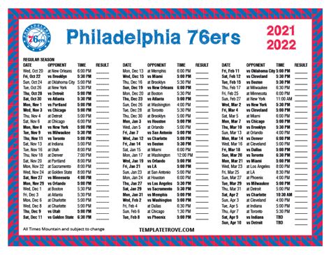 Printable 2021-2022 Philadelphia 76ers Schedule