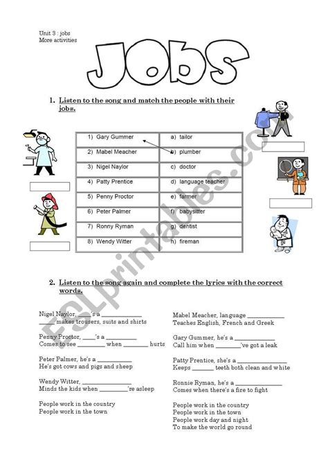 jobs song - ESL worksheet by emilie_dewatt