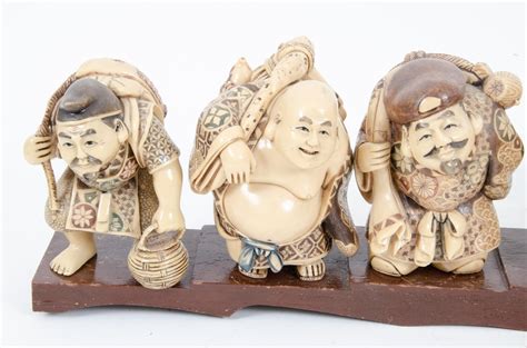 Japanese Style "Seven Lucky Gods" Figurines with Wooden Display Stand | EBTH