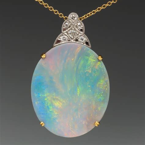 Magnificent Large Opal & Diamond Pendant Necklace 18K Gold