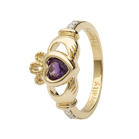 Gold Claddagh February Birthstone Ring - ShanOre Irish Jewlery