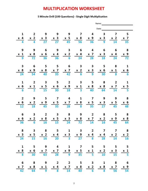 Multiplication 5 Minute Drill V 10 Math Worksheets With Answers/pdf/ Year 2,3,4/ Grade 2,3,4 ...