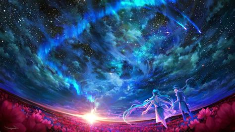 Anime Vocaloid Flower Cloud Sky Landscape Blue Hair Long Hair Sun Star ...