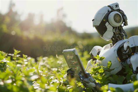 Modern Robot Farmer in an Agricultural Green Field with a Digital Tablet Stock Photo - Image of ...