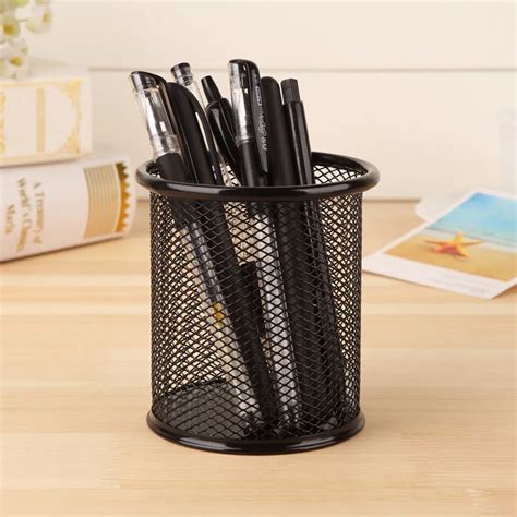 1pc Black Pen Pencil Ruler Holder Metal Stand Mesh Style Desk Organizer Makeup Brushes Storage ...