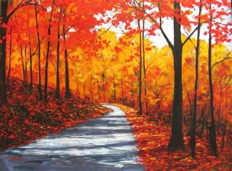 Acrylic painting of a path through autumnal woods | Autumn painting ...