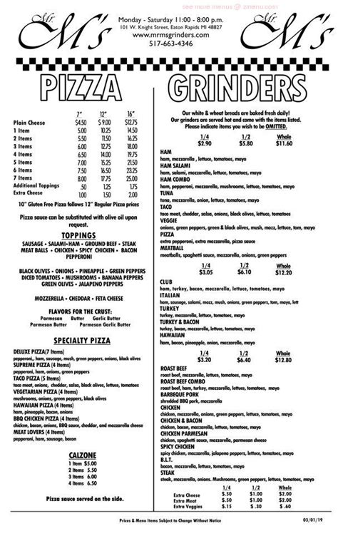 Online Menu of Mr. Ms Pizza and Grinders Restaurant, Eaton Rapids, Michigan, 48827 - Zmenu