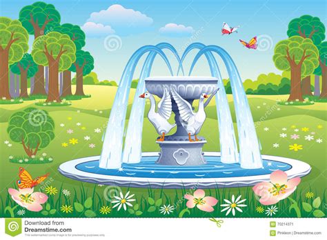 Cartoon Water Fountain - Fountain Beautiful Clipart Park Scenery Illustration Landscape Vector ...