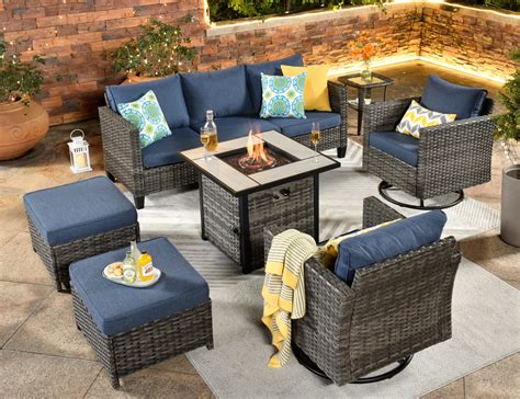 Buy ovios 7 Pieces Patio Furniture Set with Square Fire Pit Table ...