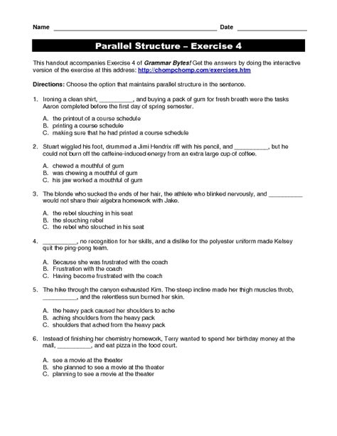 Parallel Structure Practice Worksheet for 5th - 12th Grade | Lesson Planet