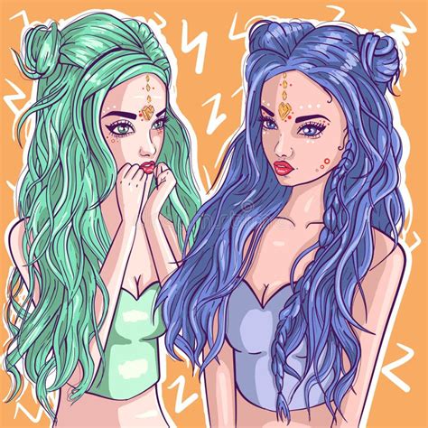 Conceptual Art of Two Girls with Blue and Green Hair and Clothes Representing an Air Sign ...