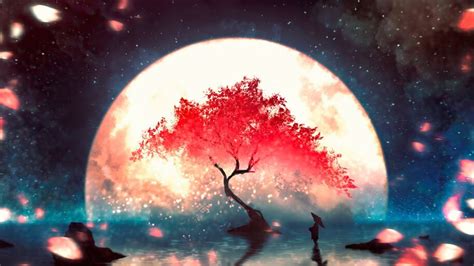 Anime, Night, Scenery, Full Moon, Cherry Blossom, 4K, #4.3112 Wallpaper