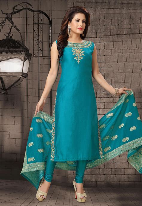 Blue Bhagalpuri Readymade Churidar Suit 193613 | Long dress design ...