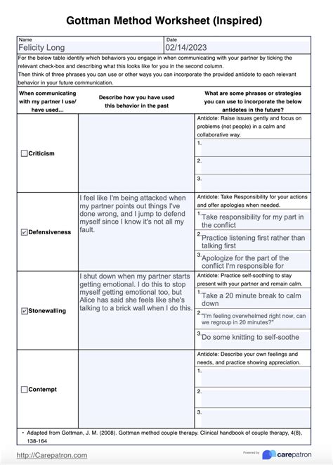 Gottman Method Worksheet & Example | Free PDF Download