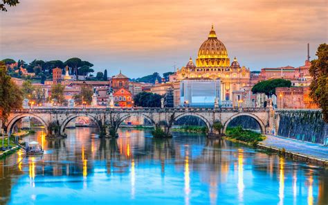 Wallpaper Travel to Rome, Italy, cathedral, river, bridge, dusk, lights 3840x2160 UHD 4K Picture ...