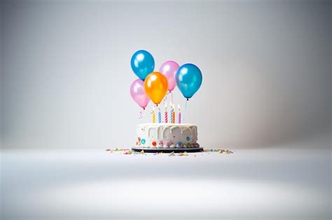 Premium AI Image | Blue Birthday cake with colorful balloons over white