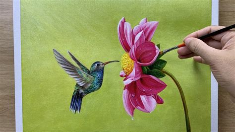 Daily Art #013 / Acrylic / Dahlia and the Hummingbird Painting - YouTube