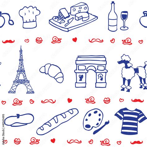 French symbols & icons illustrated seamless vector pattern Stock Vector ...