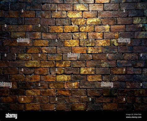 Brick wall, dark background. Old grunge and antique yellow, orange and ...