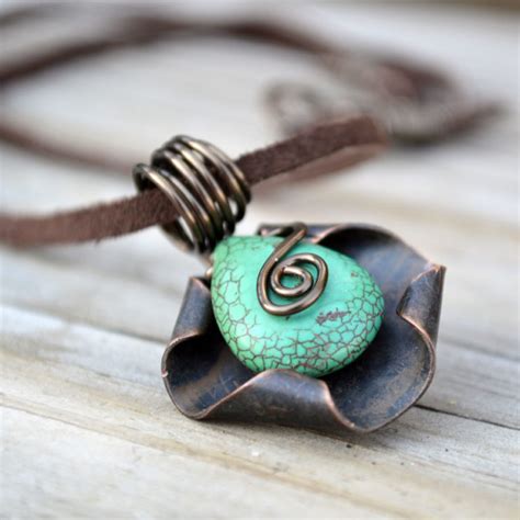 Rainwater Wire Work Stone Pendant Necklace Sea Green Brown Handmade ...