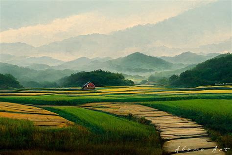 Korean Countryside Farmland Painting Graphic by Alone Art · Creative Fabrica