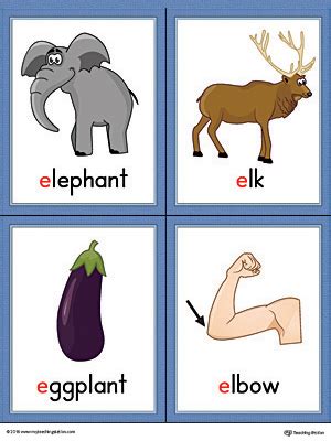 Letter E Words and Pictures Printable Cards: Elephant, Elk, Eggplant, Elbow (Color ...