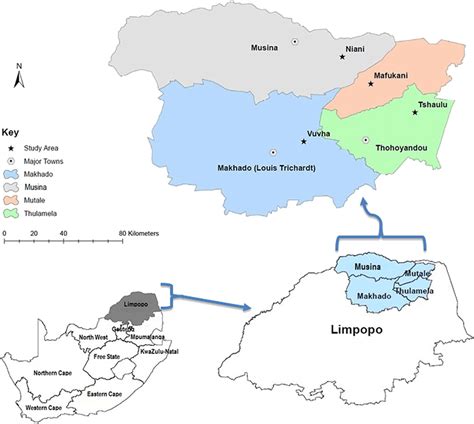 Map of the Vhembe District, Limpopo Province, South Africa, showing the... | Download Scientific ...