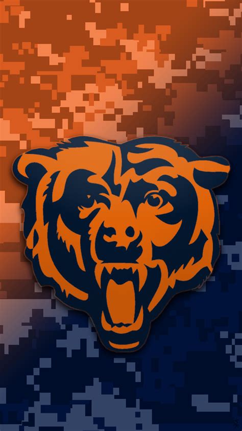 an orange and black bear head on a camo background