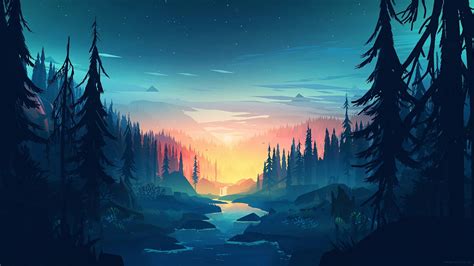 Download 2560x1440 Flat Landscape, Minimalism, Trees, Sunset, River, Artwork Wallpapers for iMac ...