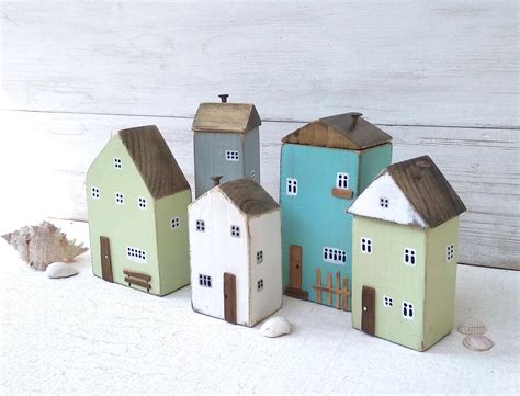 Set of 5 Little Wooden Houses Wooden Village Ornaments for | Etsy