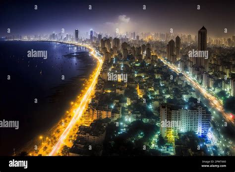 Wide panoramic view of Mumbai financial capital of India stock photo India, Night, City, Mumbai ...