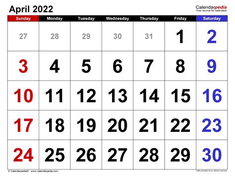 April 2022 Calendar | Templates for Word, Excel and PDF