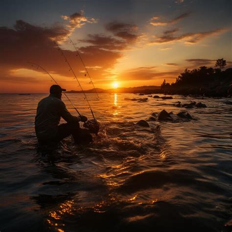 Sunset silhouette fishing | Premium AI-generated image