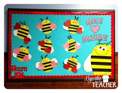 a bulletin board with bees and hearts on it