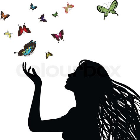 Sexy vector woman silhouette hand. Profile pretty girl hair, head. Drawing butterfly. Female ...