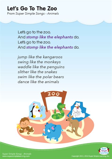 Let's Go To The Zoo Lyrics Poster - Super Simple | Preschool zoo theme, Preschool songs, Zoo songs