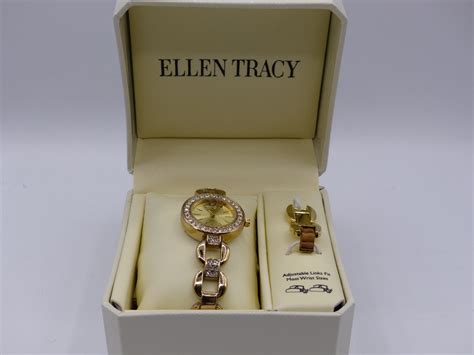 ELLEN TRACY GOLD WRISTWATCH QUARTZ RHINESTONES ADJUSTABLE LINKS - IVORY ...