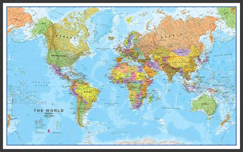Large Wood Frame World Map Political (Black)